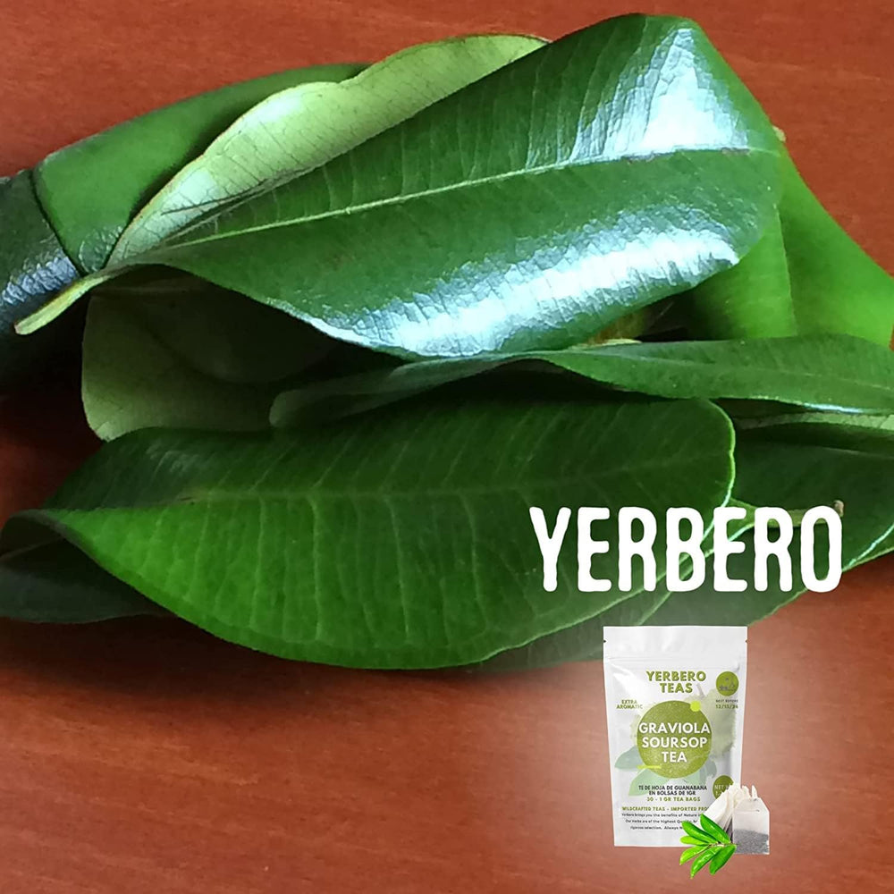 Yerbero premium wildcrafted quality label on Guanabana leaves package.