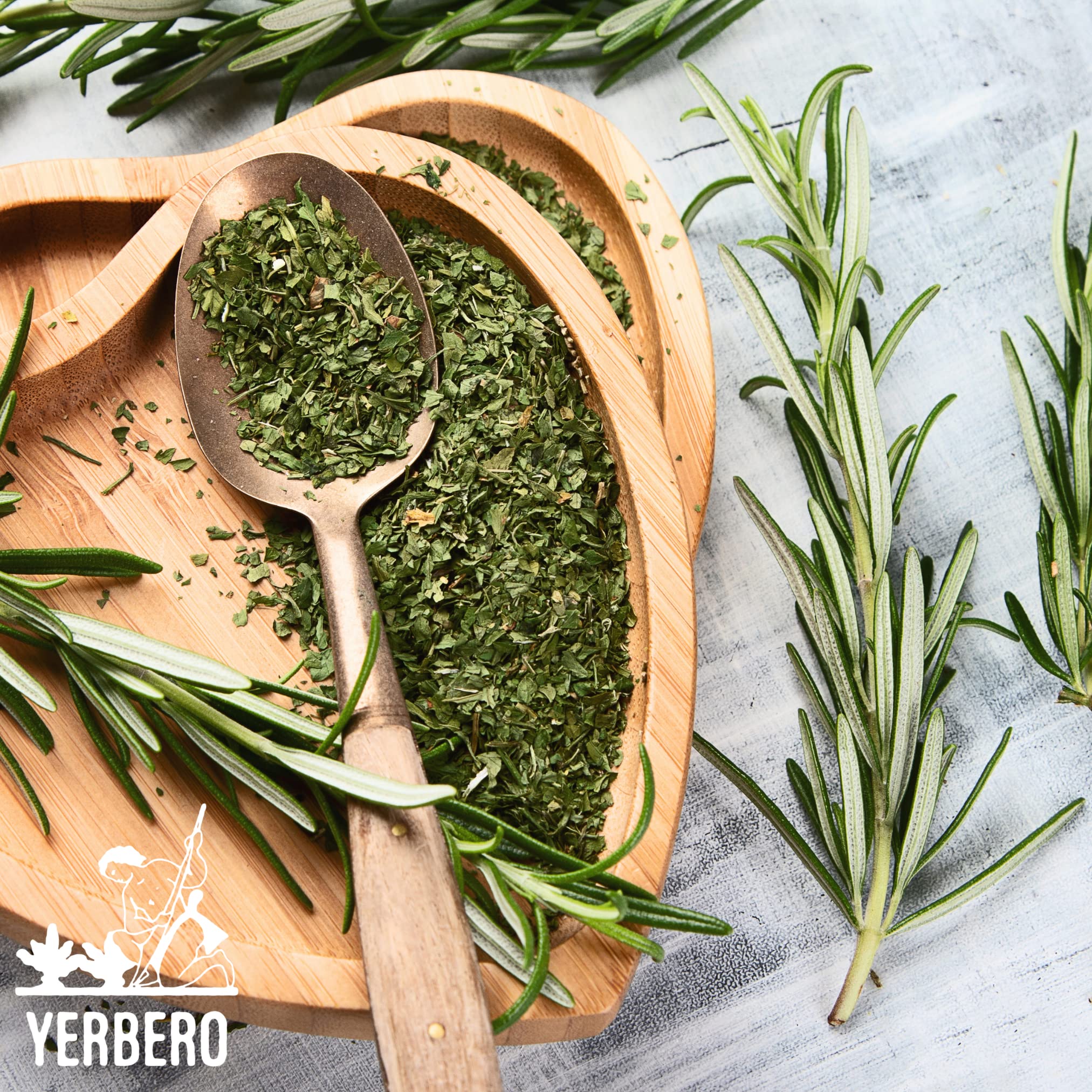 Yerbero rosemary tea whole leaves close-up emphasizing quality