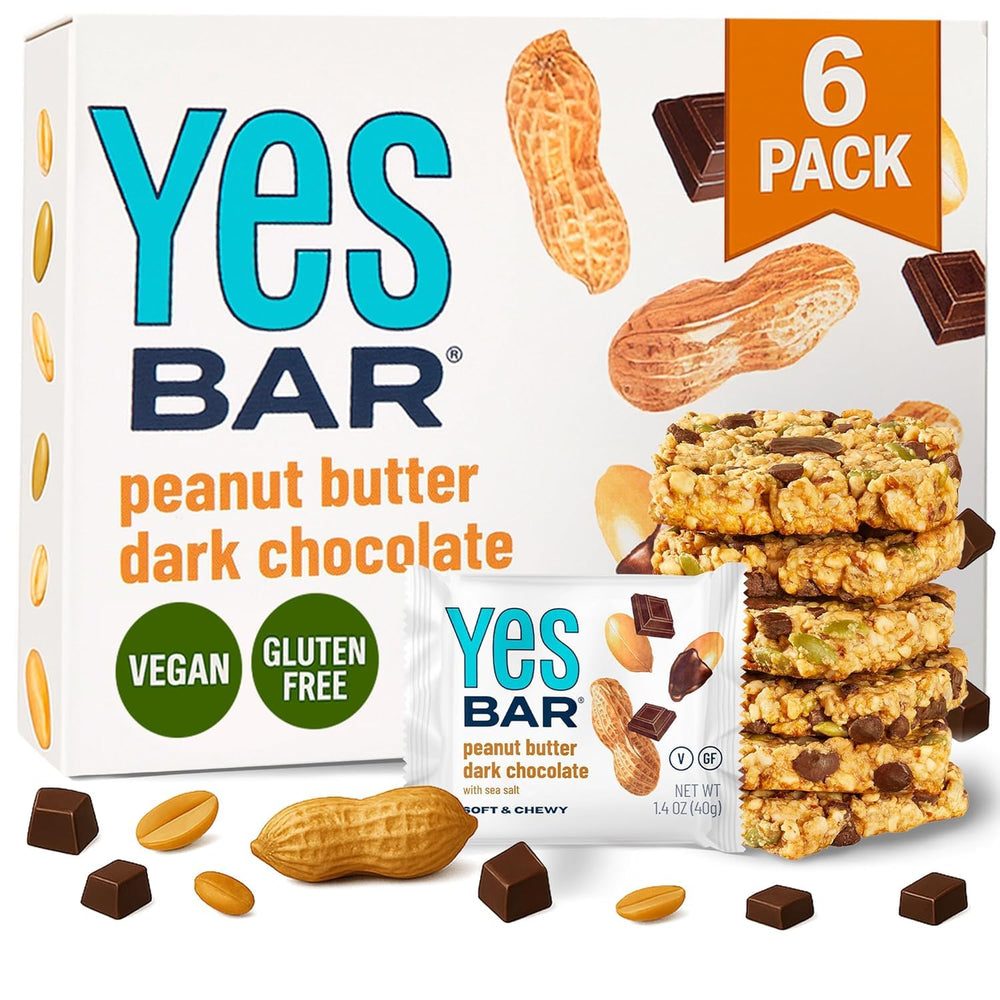 The YES Bar peanut butter dark chocolate bar close-up highlighting creamy texture for on-the-go snacking.