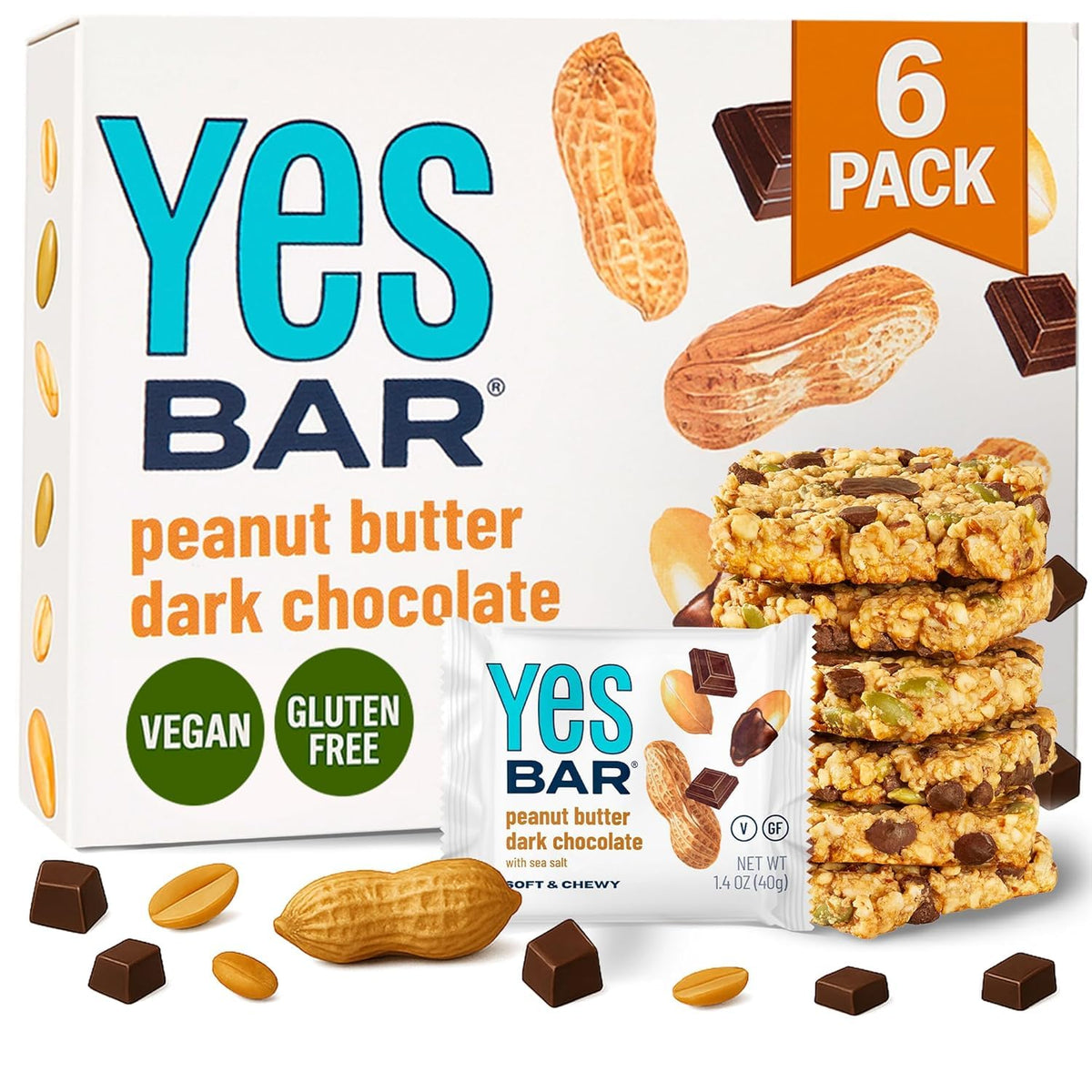 The YES Bar peanut butter dark chocolate bar close-up highlighting creamy texture for on-the-go snacking.