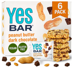 The YES Bar peanut butter dark chocolate bar close-up highlighting creamy texture for on-the-go snacking.