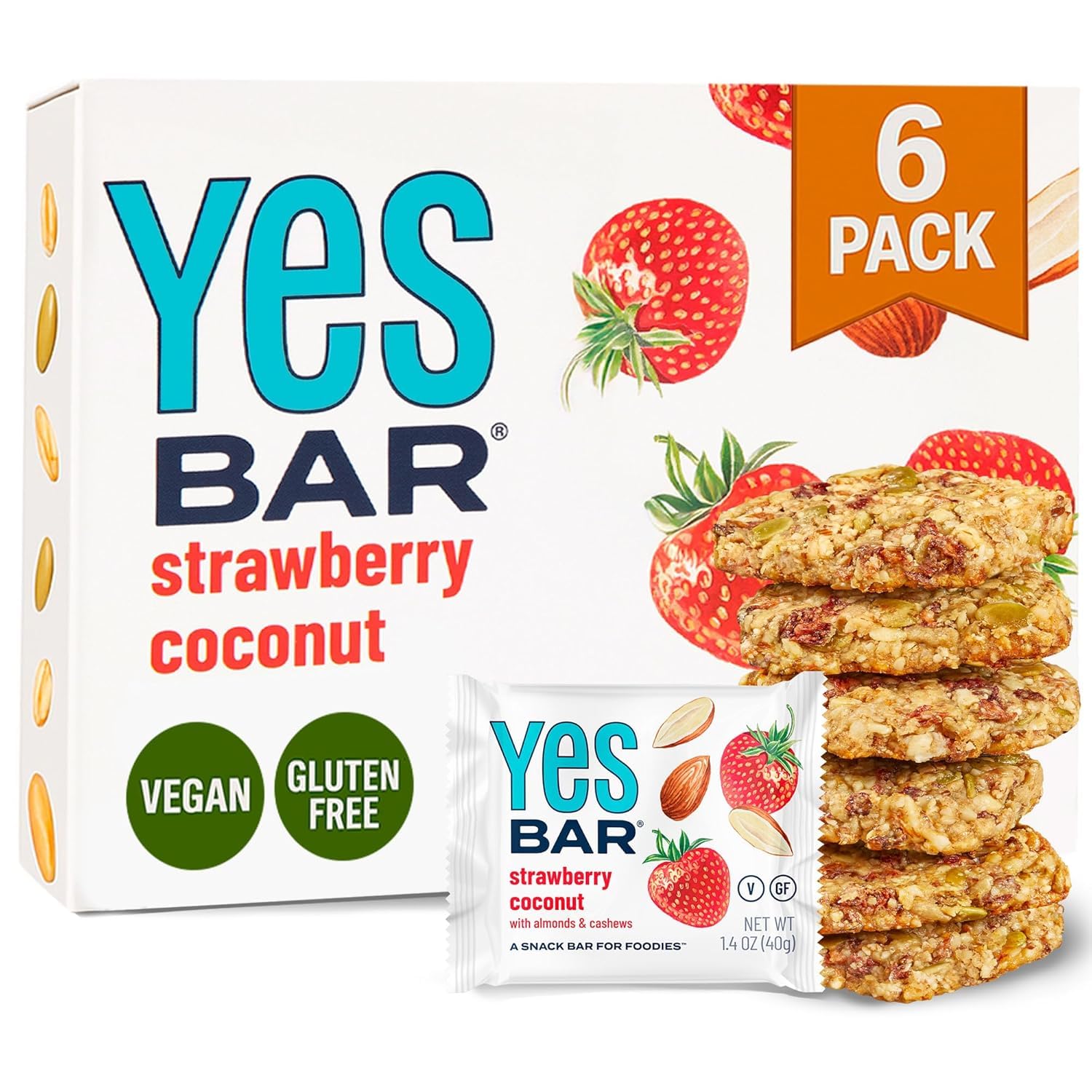 The YES Bar Strawberry Coconut bar front view, a chewy, satisfying snack for busy days.