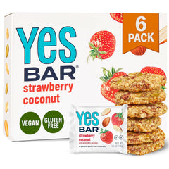 The YES Bar Strawberry Coconut bar front view, a chewy, satisfying snack for busy days.