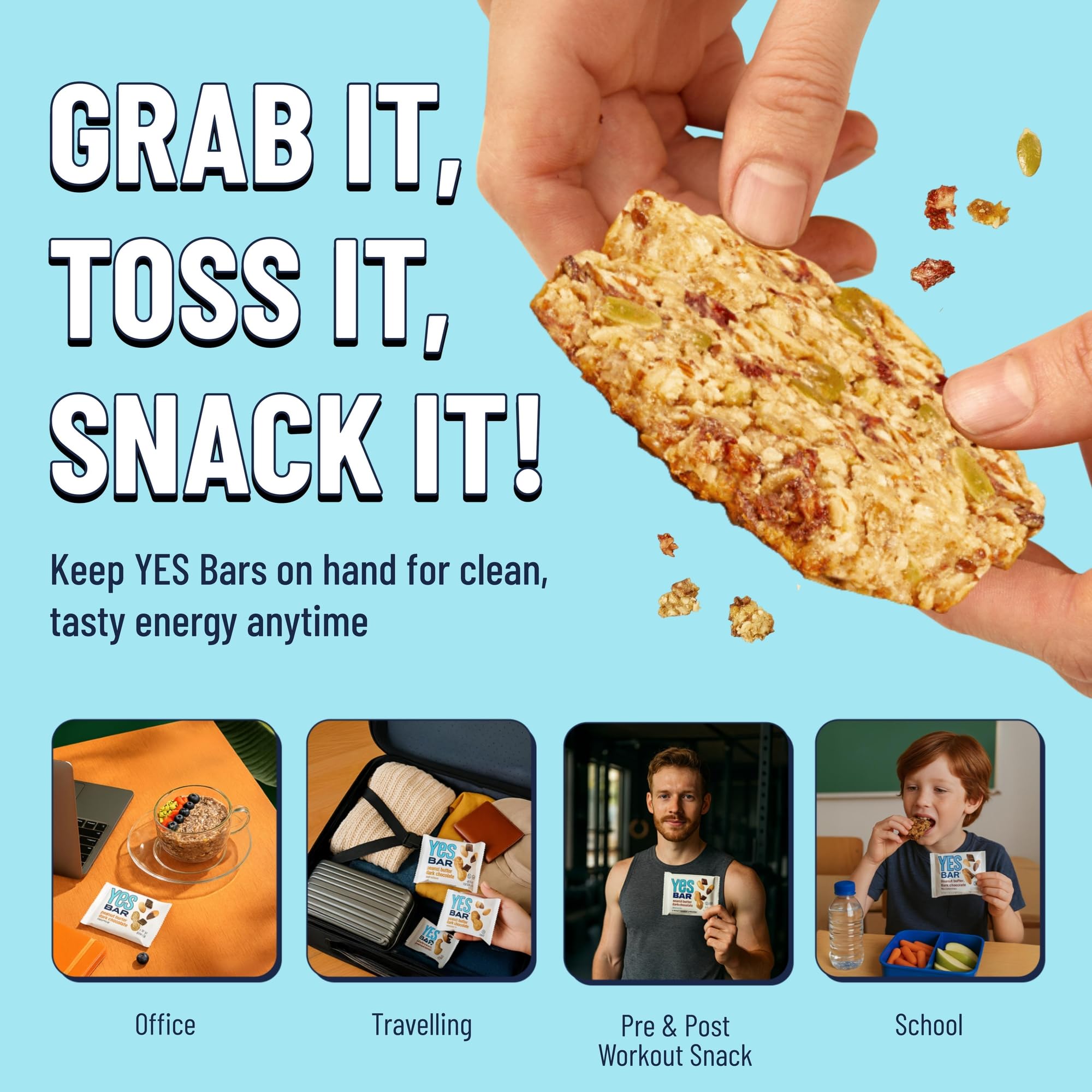 The YES Bar vegan paleo badge shows gluten-free, dairy-free appeal.