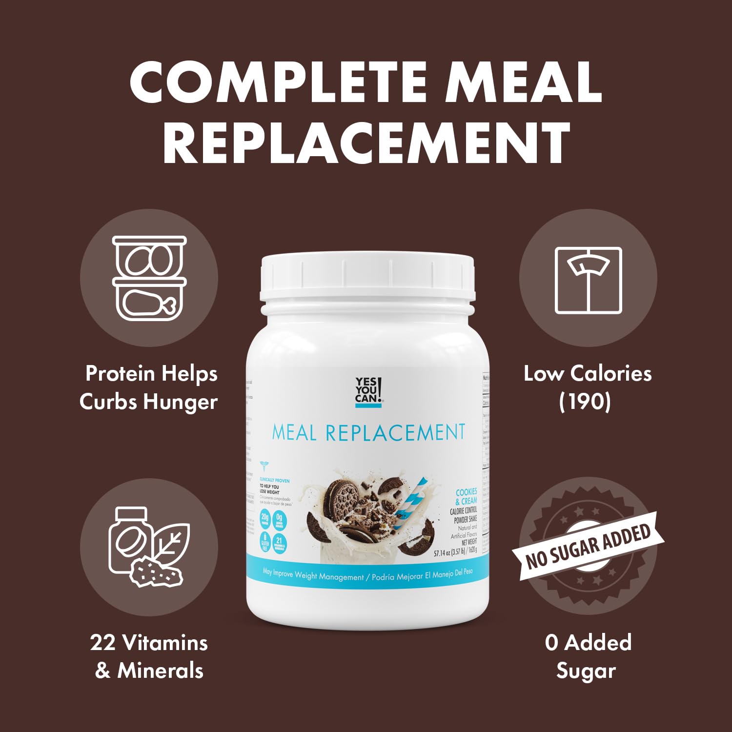 Yes You Can! tub label showing flavors, protein, and vitamins at a glance