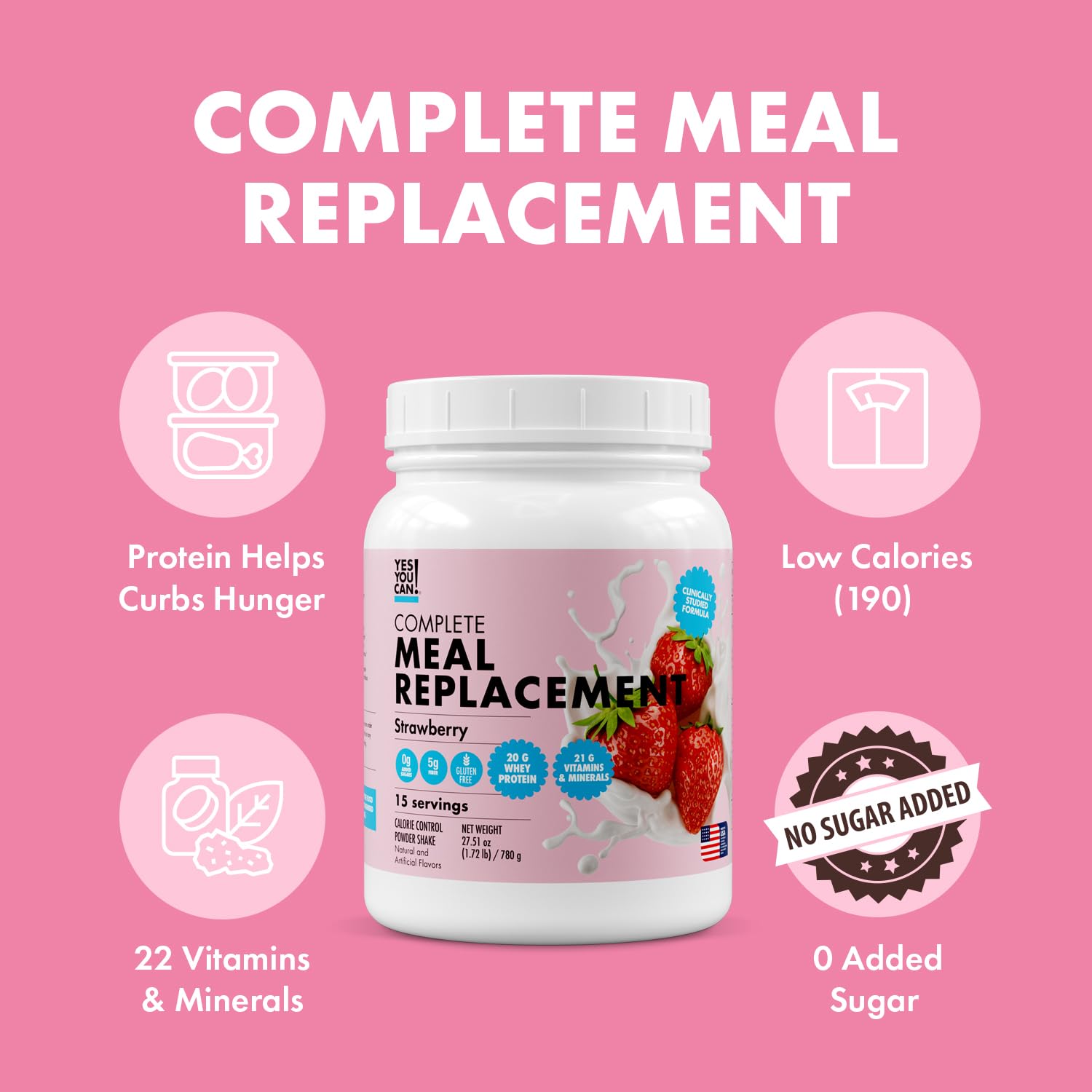 Yes You Can! strawberry powder nutrition label highlights protein and minerals