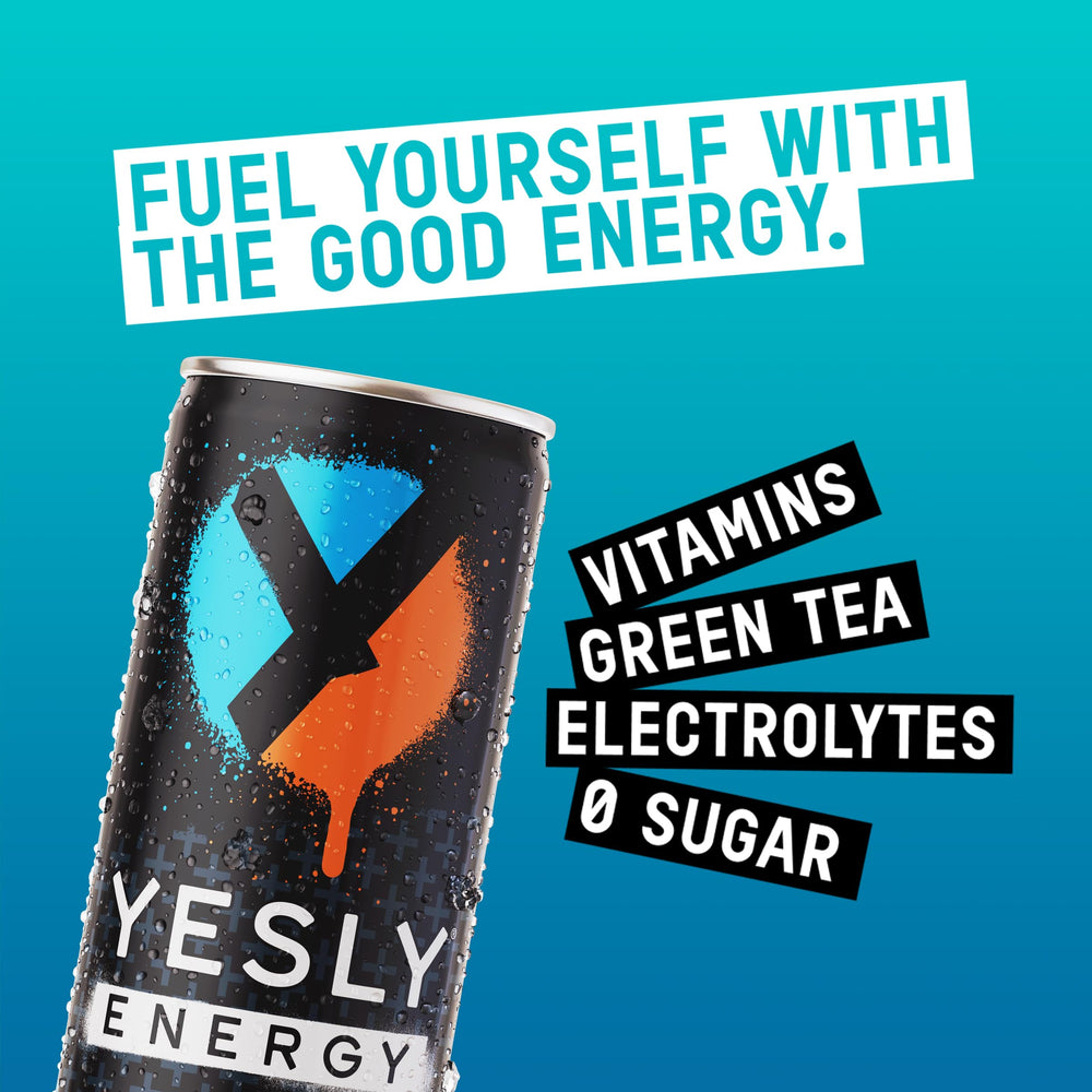 Yesly Energy cold glass with can invites a refreshing, chilled sip.
