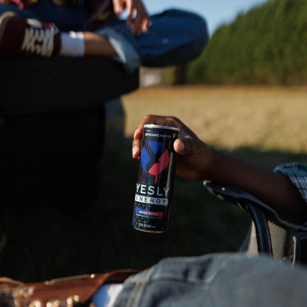 Yesly Energy Drink 12-pack on shelf for convenient everyday energy