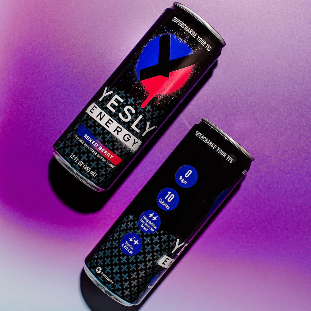 Yesly Energy Drink packaging shows natural sweeteners and berry flavor