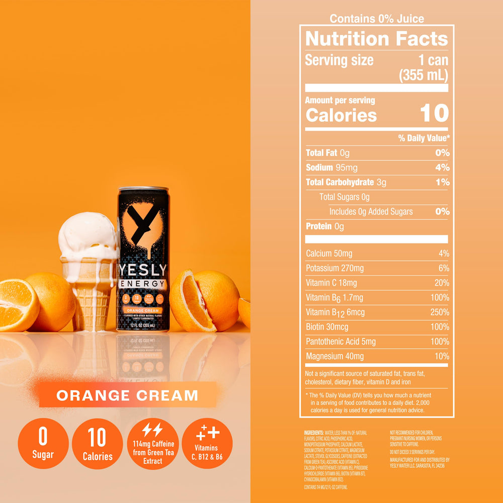Yesly Energy Orange Cream can side view highlighting sugar-free formula and sleek can