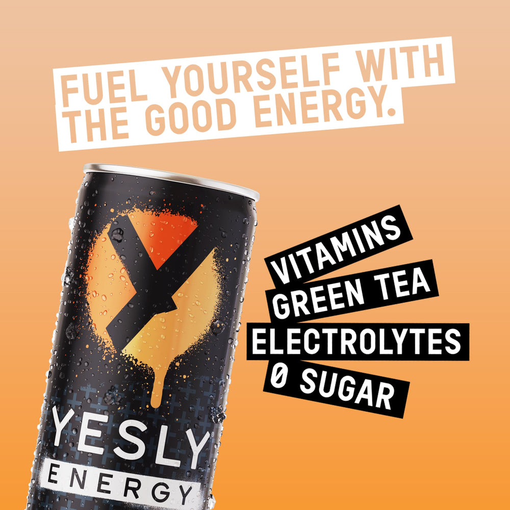 Yesly Energy Orange Cream pack shot displaying a ready-to-ship 12-pack arrangement