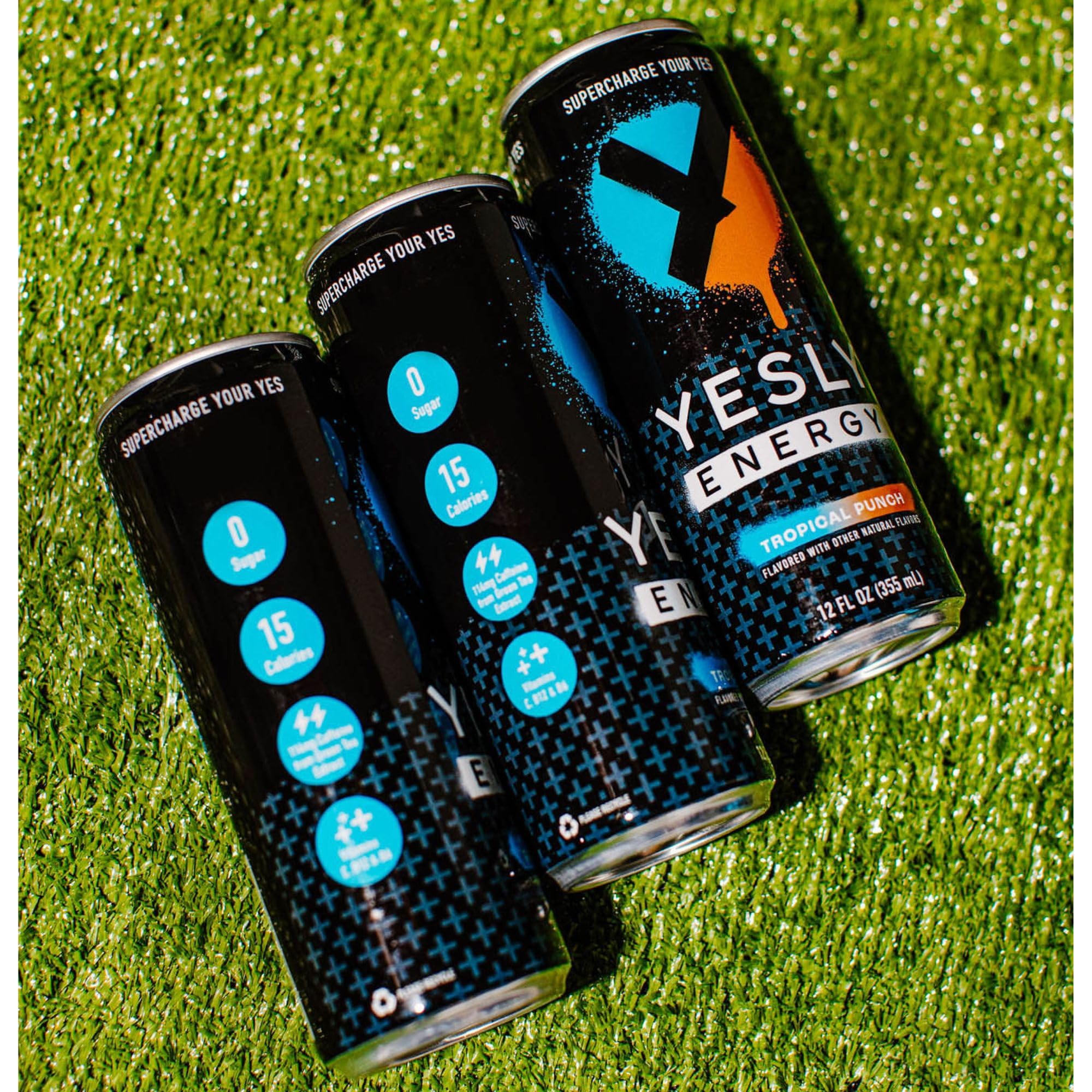 Yesly Energy Tropical Punch on a kitchen countertop with tropical atmosphere