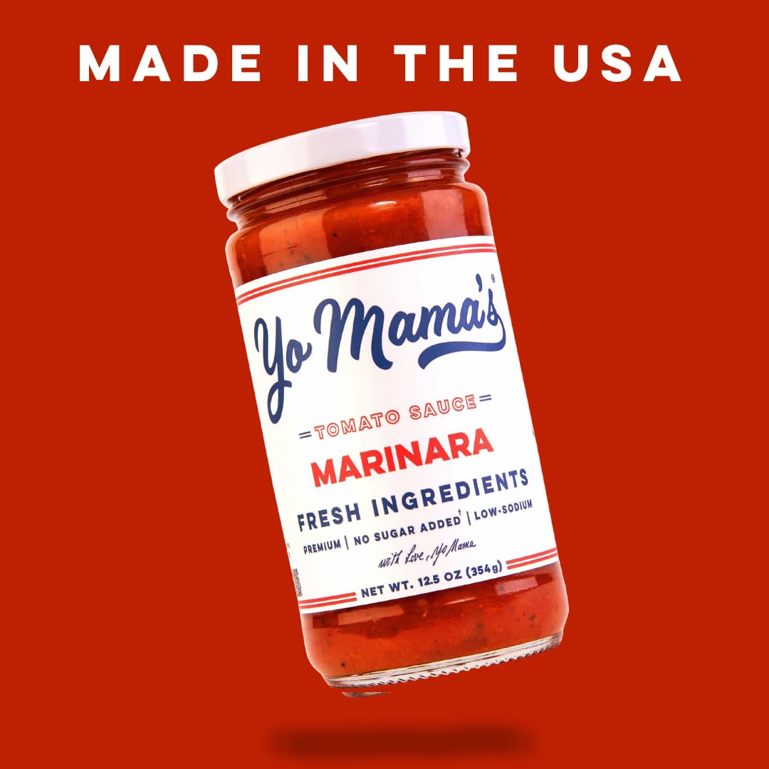 Yo Mama's Foods Keto Marinara label shows no sugar added and paleo-friendly notes.