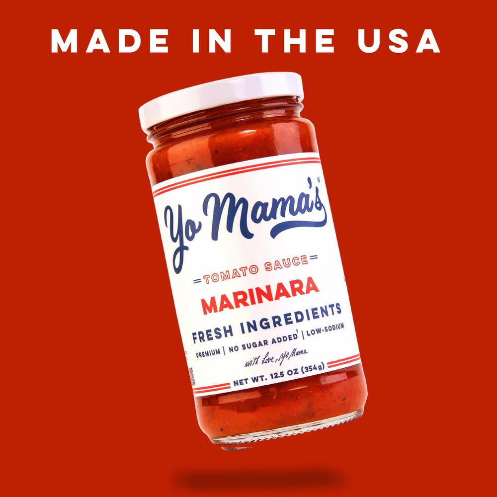 Yo Mama's Foods Keto Marinara label shows no sugar added and paleo-friendly notes.