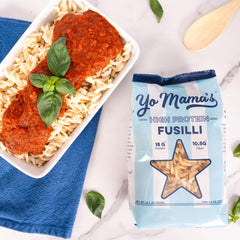 Yo Mama’s Foods alubia-bean pasta ingredients showcase plant-based gluten-free goodness.