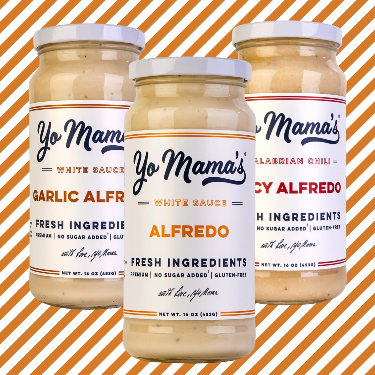 Yo Mama's Foods Garlic Alfredo jar for savory weeknight dinners.