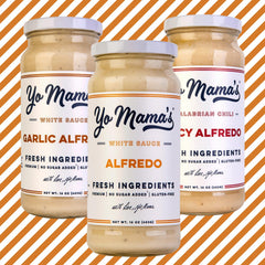 Yo Mama's Foods Garlic Alfredo jar for savory weeknight dinners.