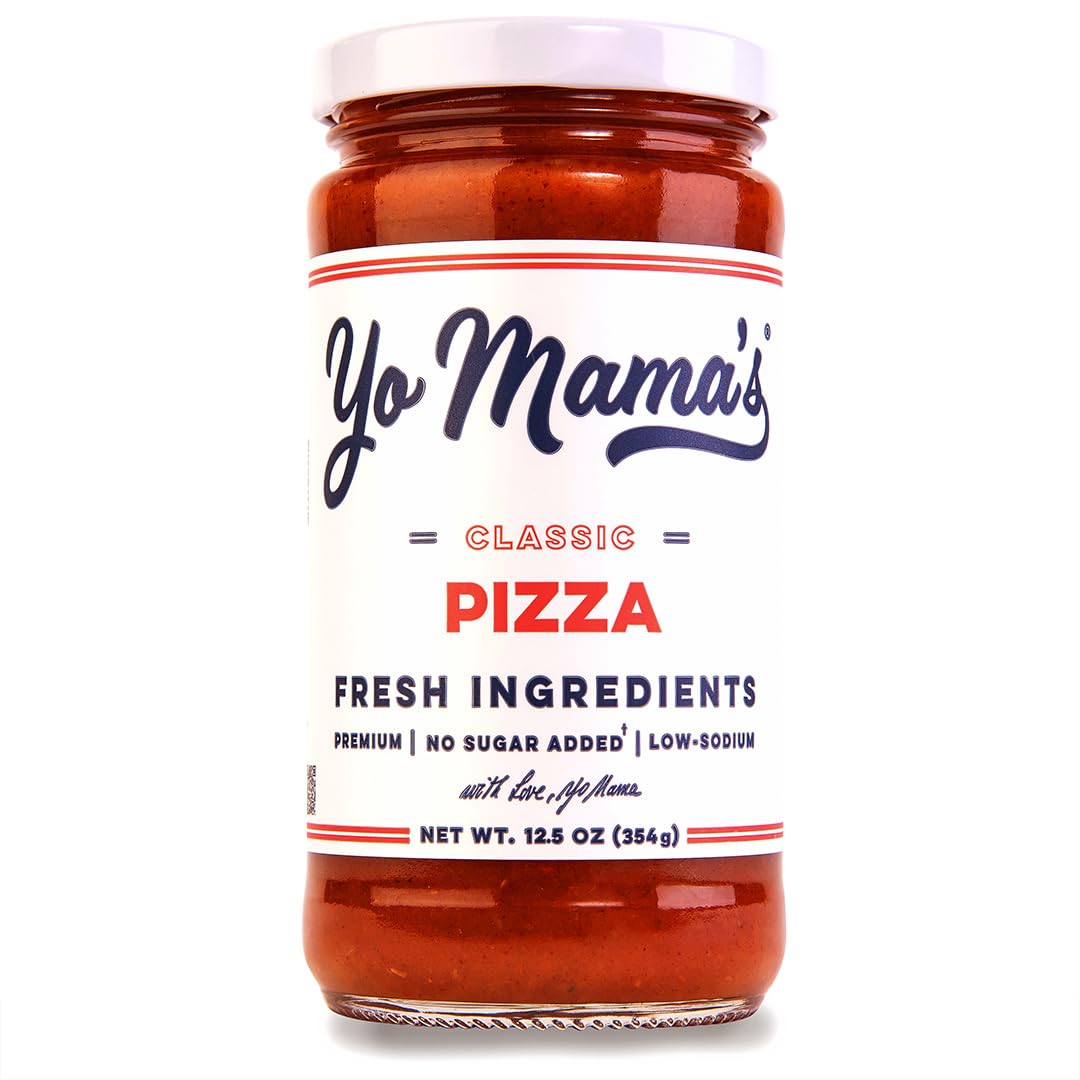 Yo Mama’s Foods Keto Classic Pizza Sauce bottle with no sugar added for keto meals.