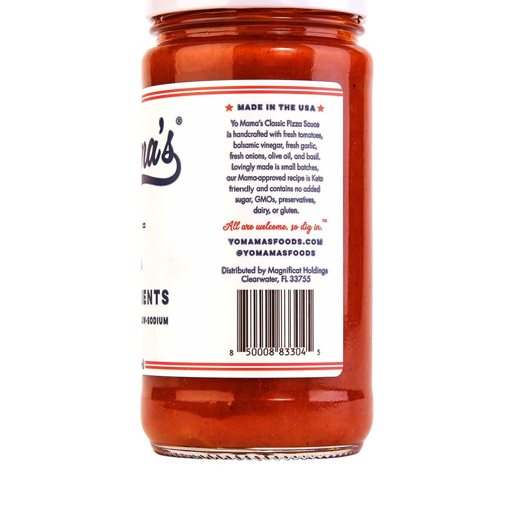 Yo Mama’s Foods Keto Classic Pizza Sauce with fresh tomatoes delivering vibrant flavor and low sugar appeal.