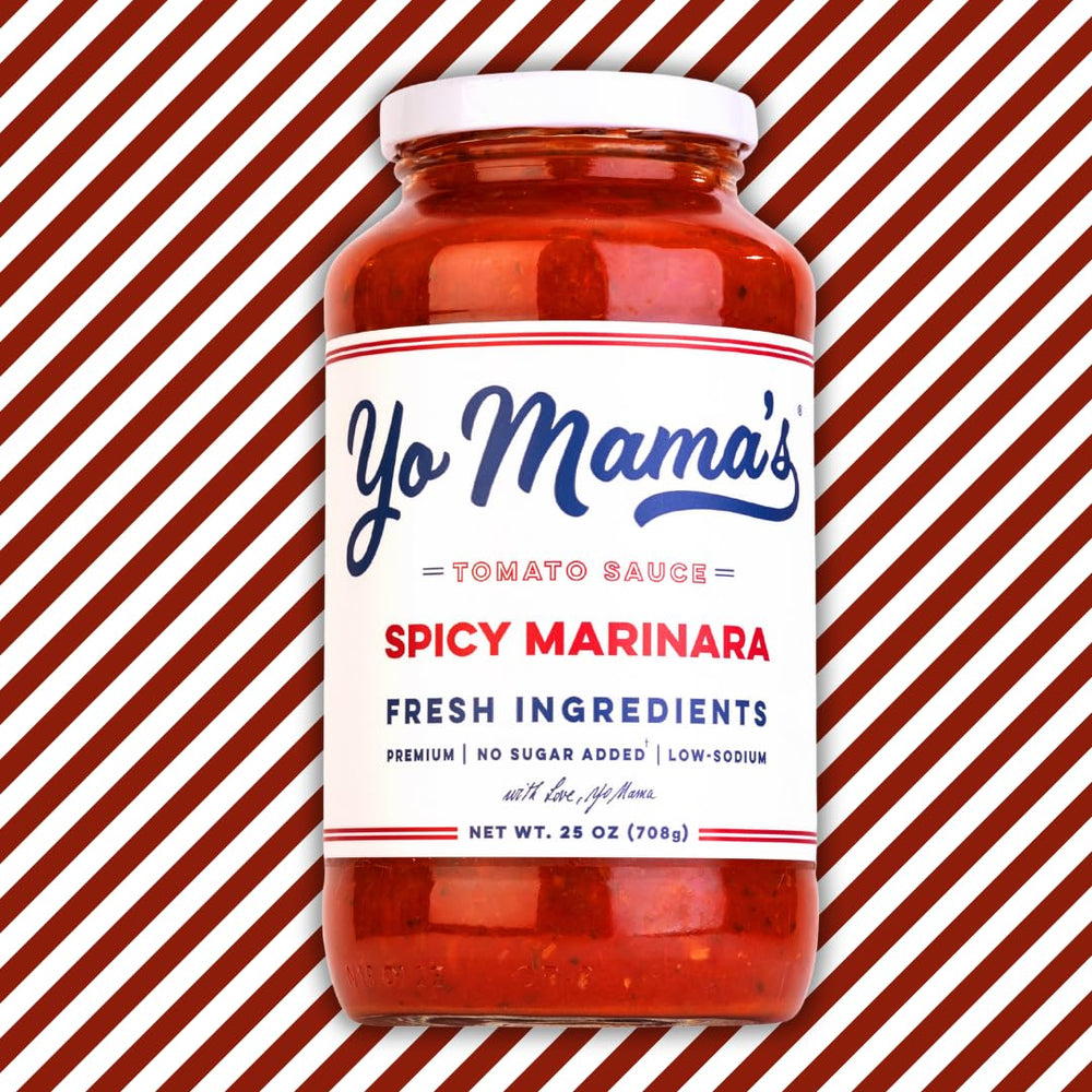 Yo Mama's Foods Keto Spicy Marinara on pantry shelf ready for cooking