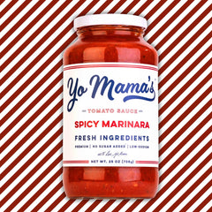Yo Mama's Foods Keto Spicy Marinara on pantry shelf ready for cooking