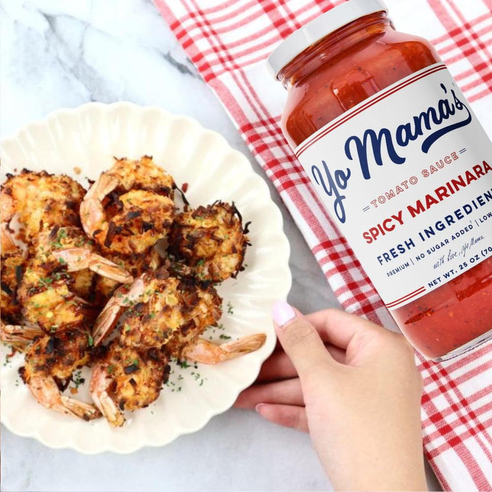Yo Mama's Foods Keto Spicy Marinara plated with pasta displaying vibrant color