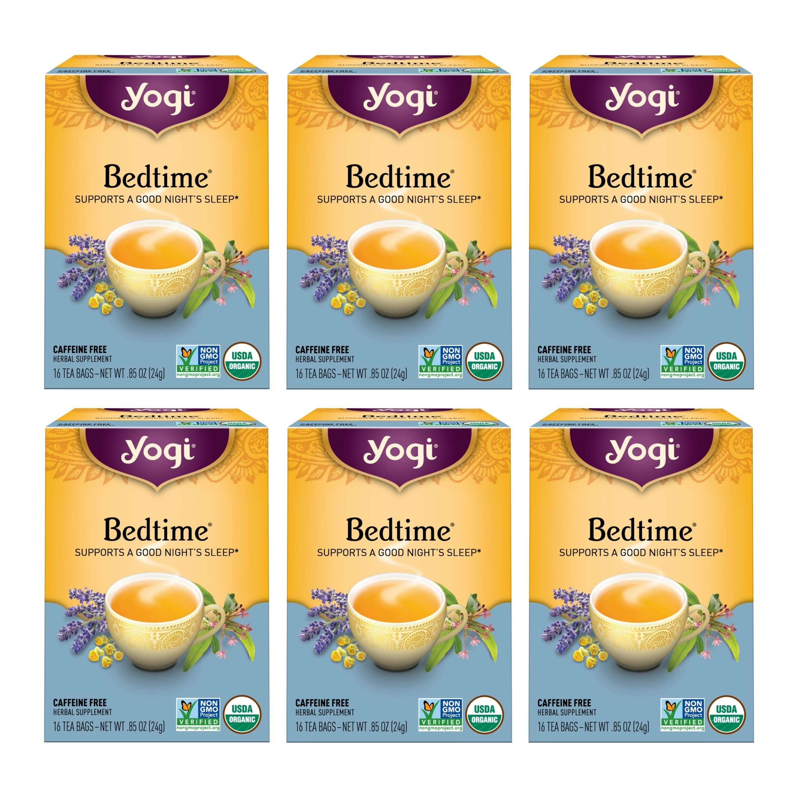 Yogi Bedtime packaging close-up highlighting organic ingredients for calm evenings
