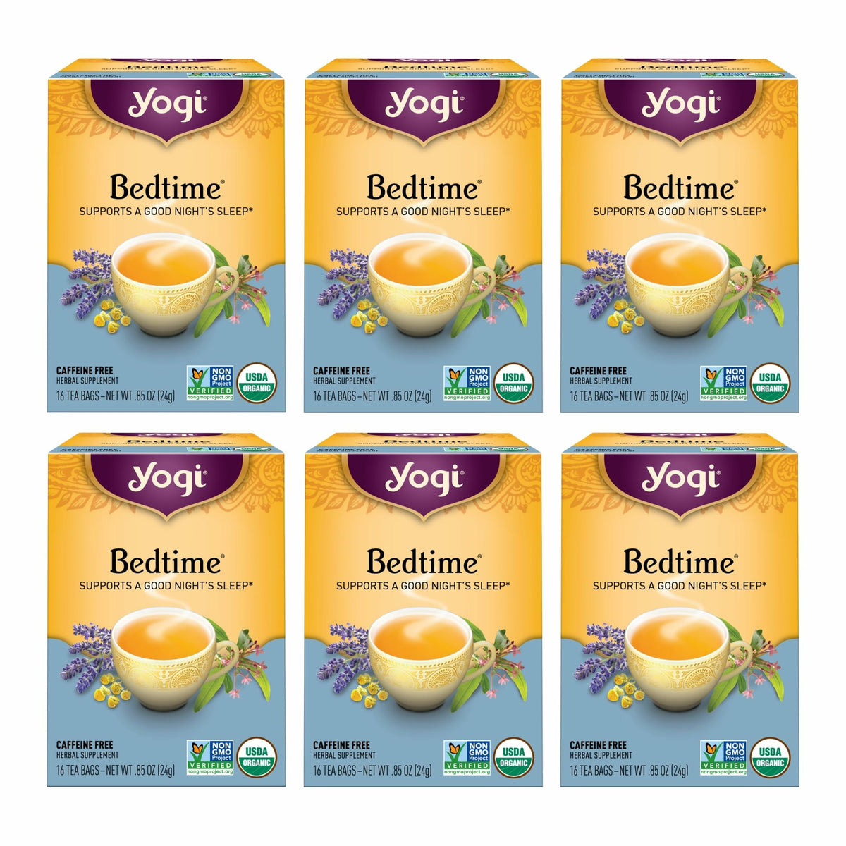 Yogi Bedtime packaging close-up highlighting organic ingredients for calm evenings