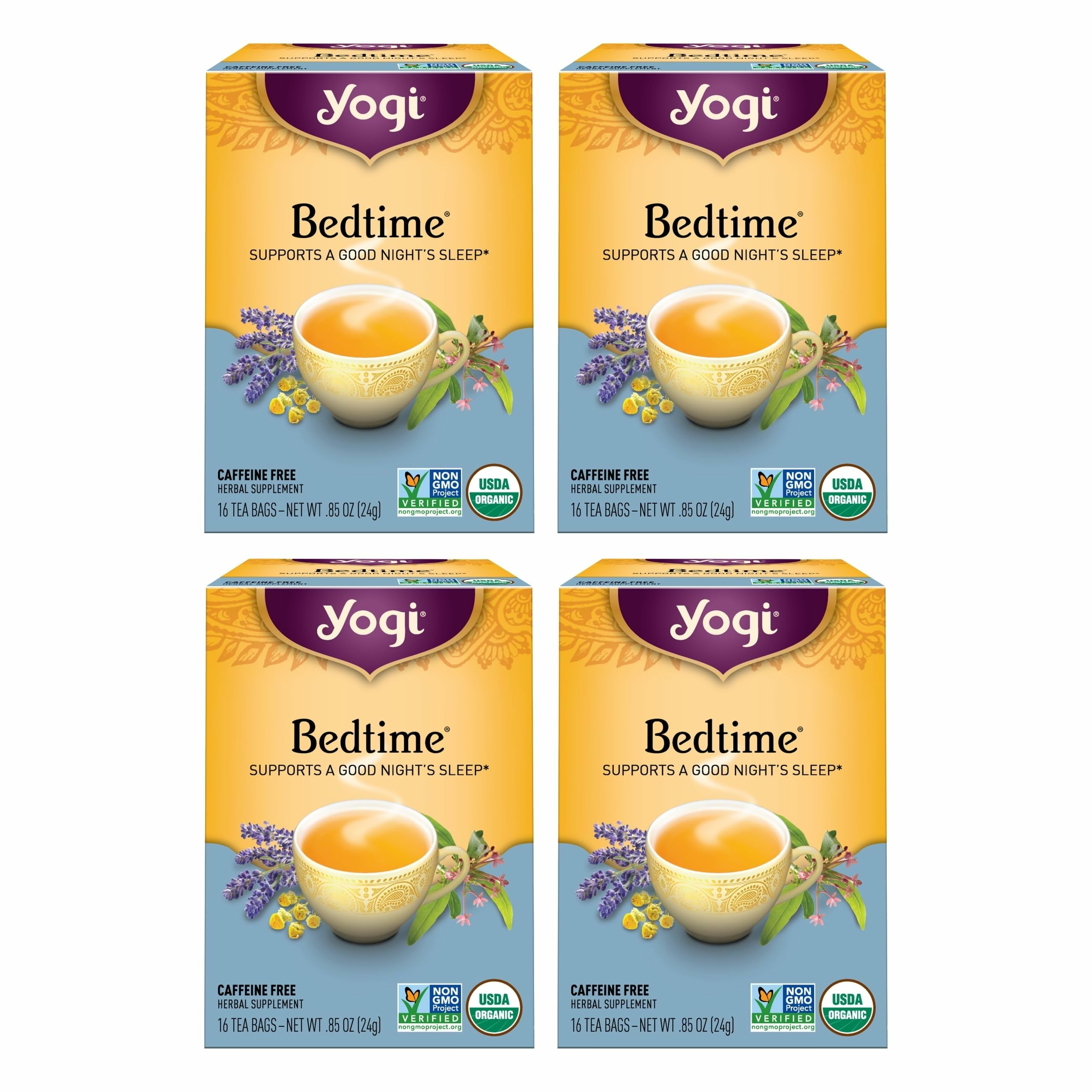 Yogi Bedtime Tea box packaging invites a calming evening ritual.