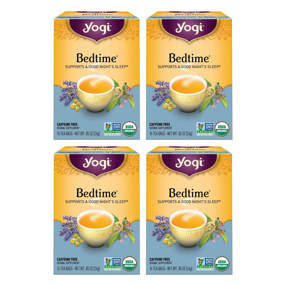 Yogi Bedtime Tea box packaging invites a calming evening ritual.