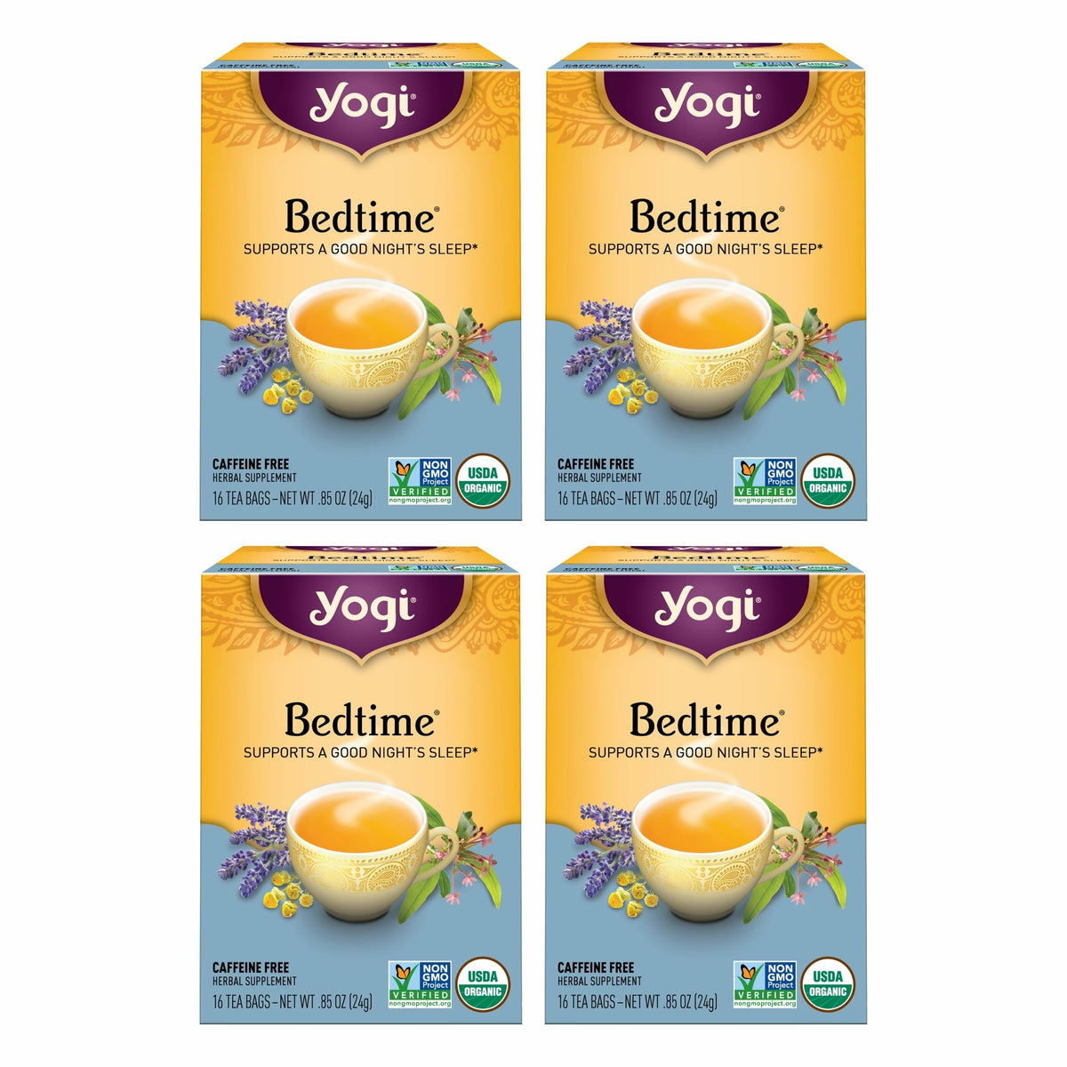 Yogi Bedtime Tea box packaging invites a calming evening ritual.