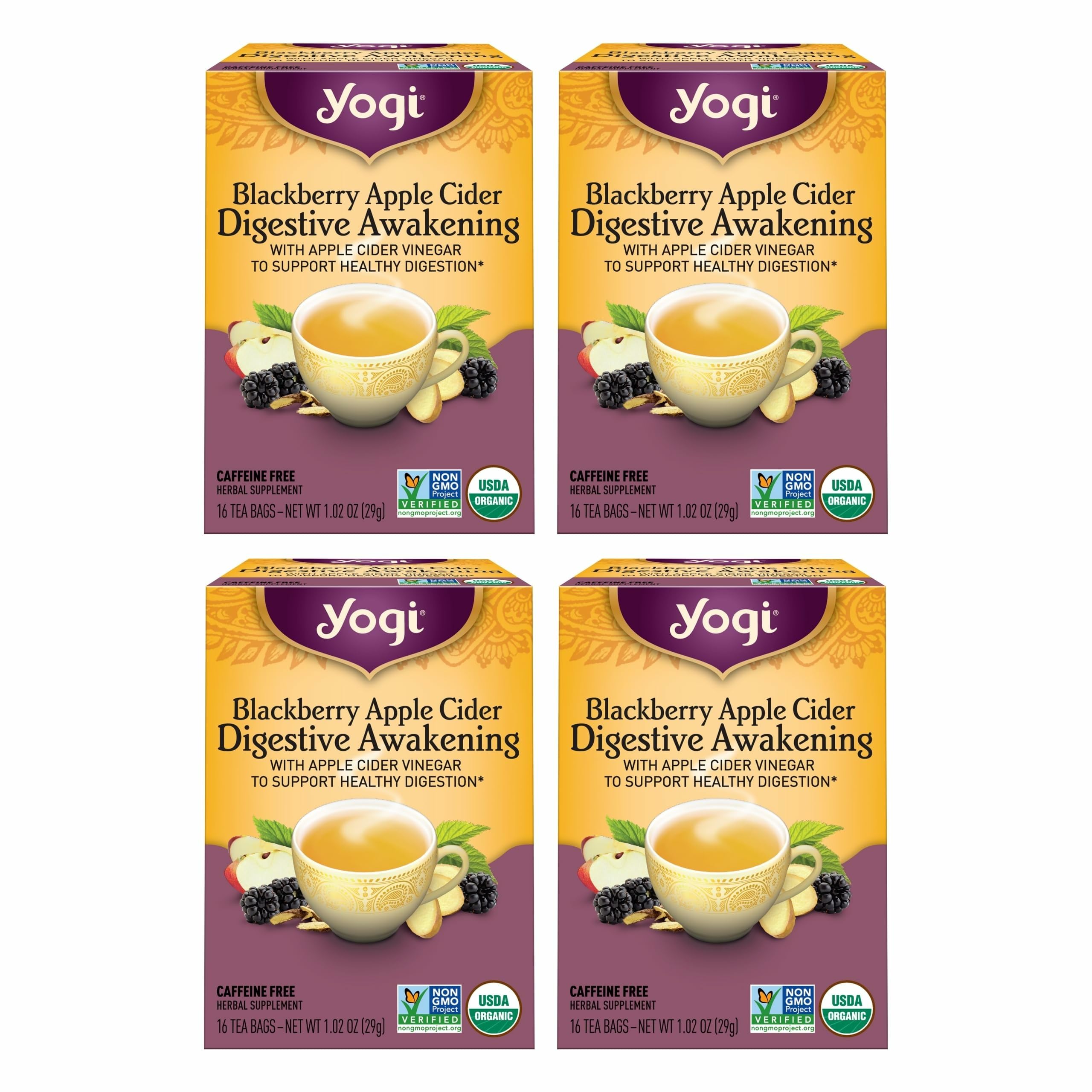 Yogi blackberry apple cider digestive awakening tea pack highlights organic blend for daily support.