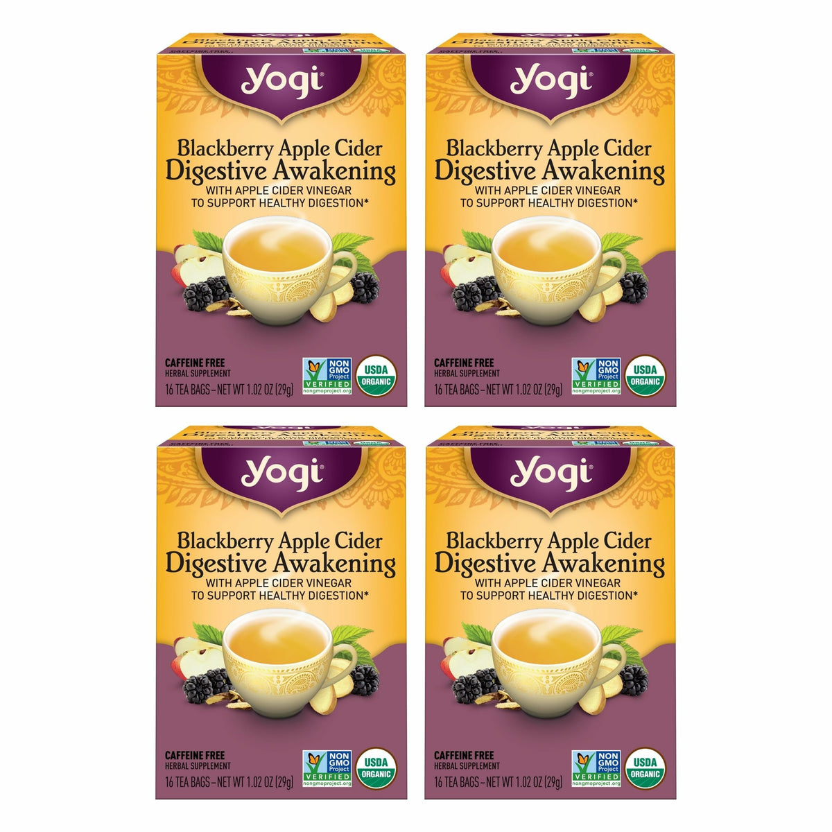Yogi blackberry apple cider digestive awakening tea pack highlights organic blend for daily support.