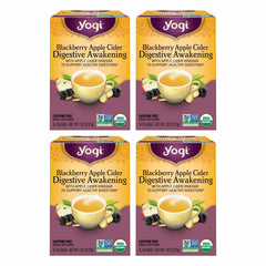 Yogi blackberry apple cider digestive awakening tea pack highlights organic blend for daily support.
