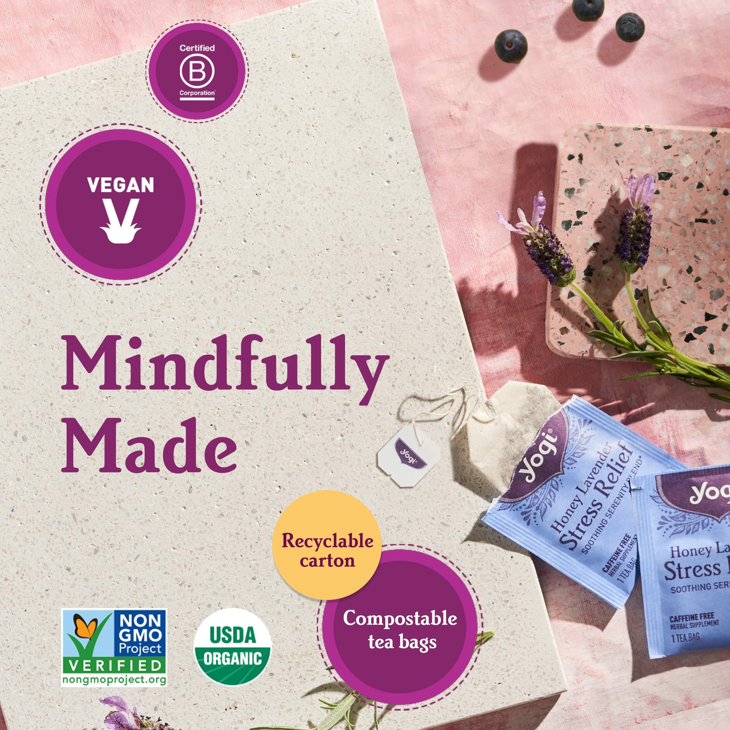 Ingredients of Yogi Blueberry Sage with hibiscus and blueberries for depth.
