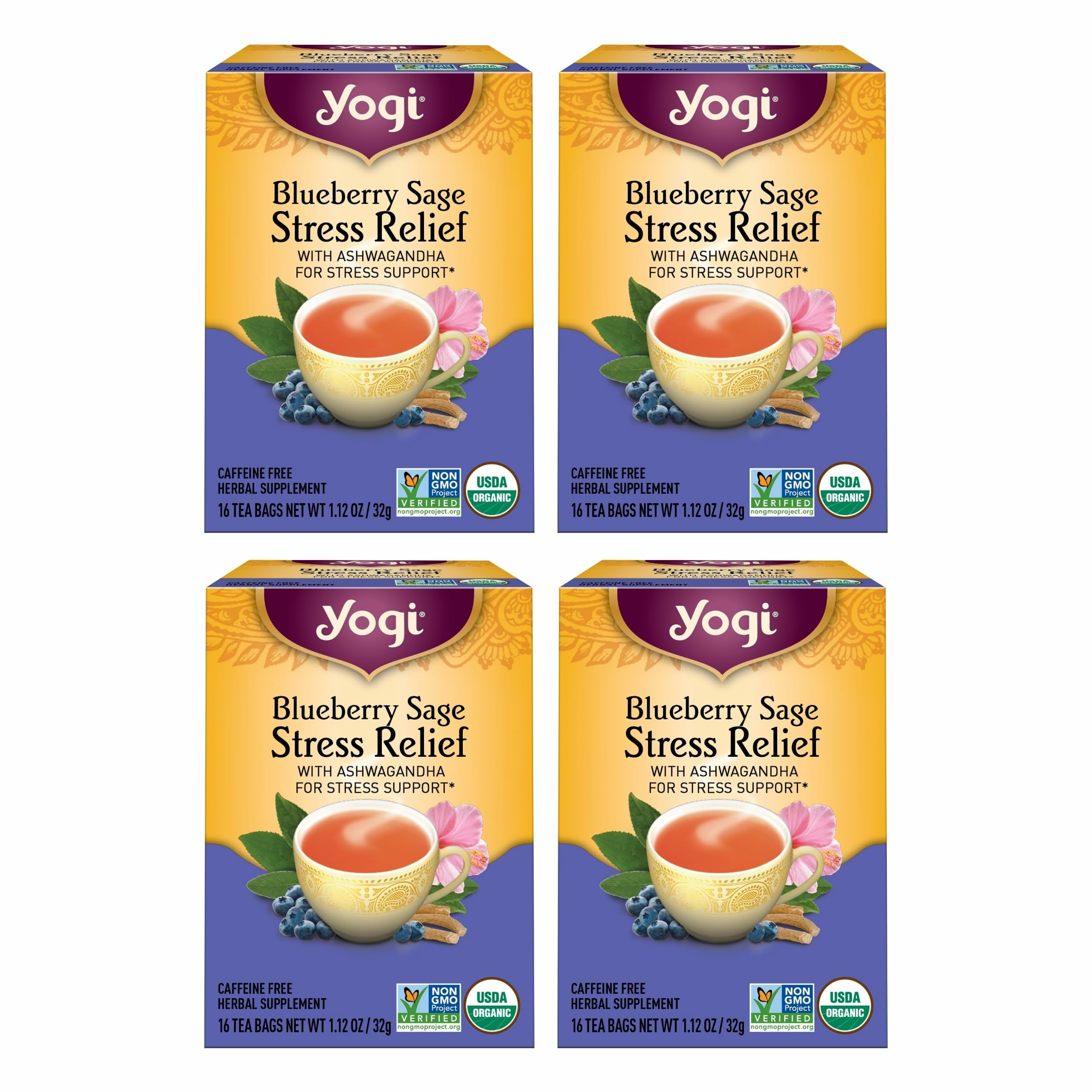 Yogi Blueberry Sage Stress Relief tea pack for a calming ritual