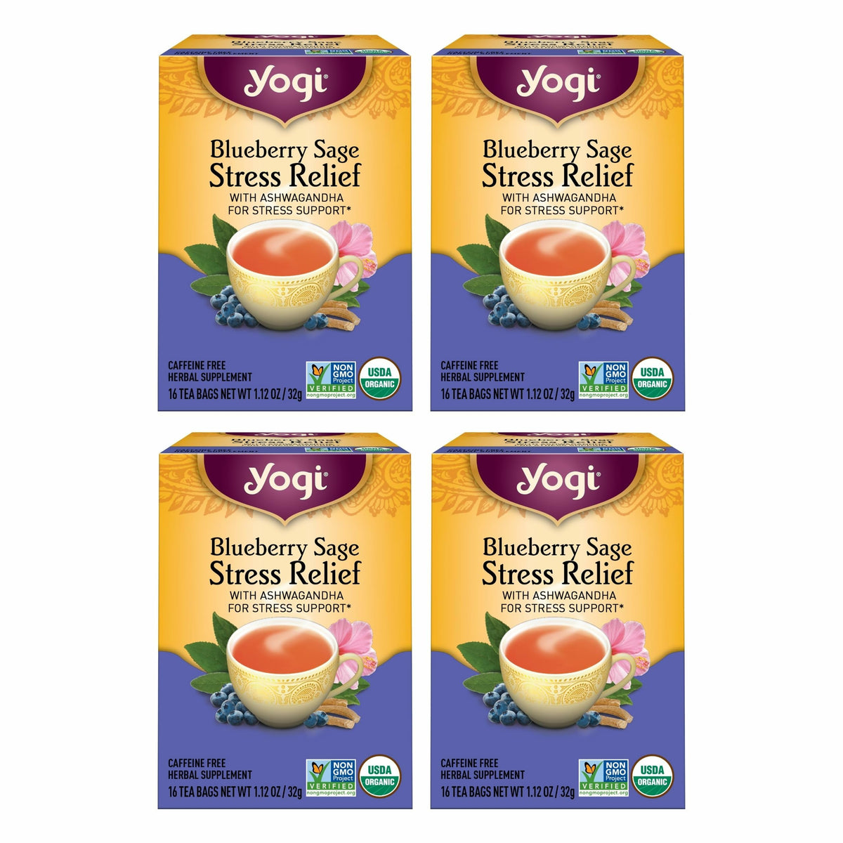 Yogi Blueberry Sage Stress Relief tea pack for a calming ritual