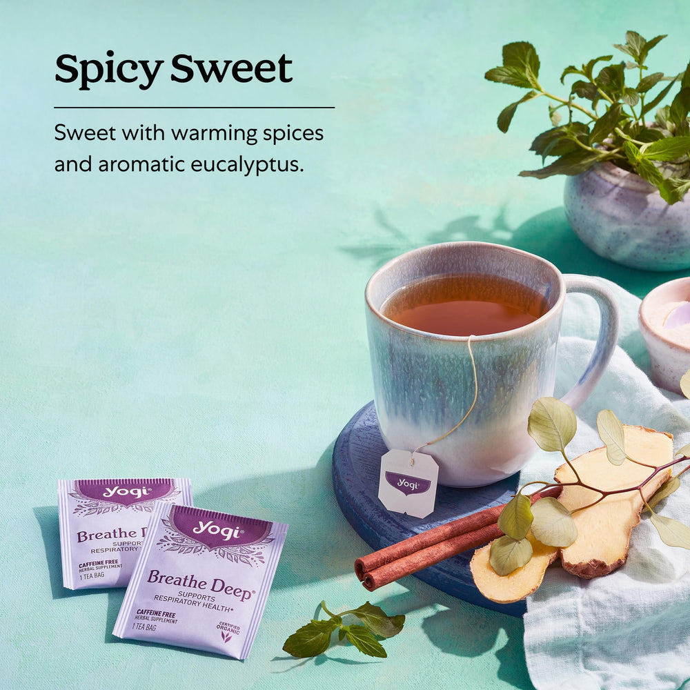 Yogi Breathe Deep ingredients close-up highlighting cinnamon and cardamom for a spicy-sweet note.