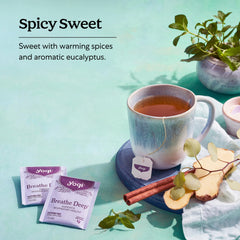 Yogi Breathe Deep ingredients close-up highlighting cinnamon and cardamom for a spicy-sweet note.