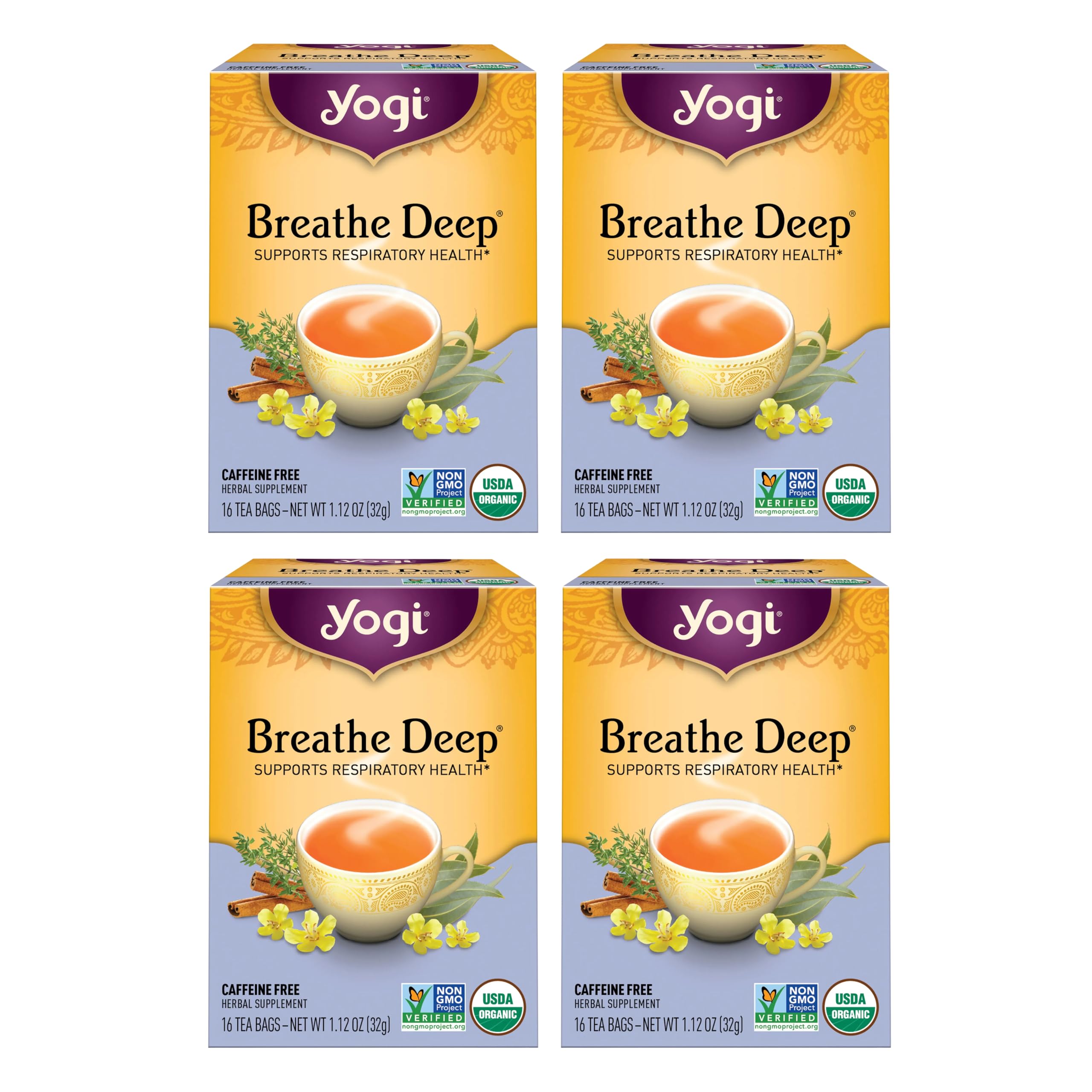 Yogi Breathe Deep Tea packaging front highlighting organic blend for respiratory support.