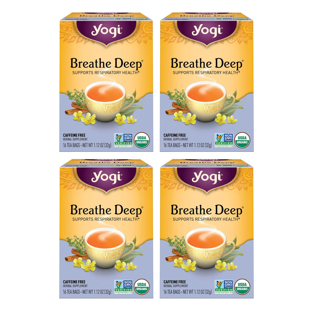 Yogi Breathe Deep Tea packaging front highlighting organic blend for respiratory support.