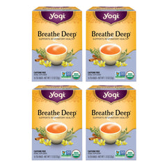 Yogi Breathe Deep Tea packaging front highlighting organic blend for respiratory support.