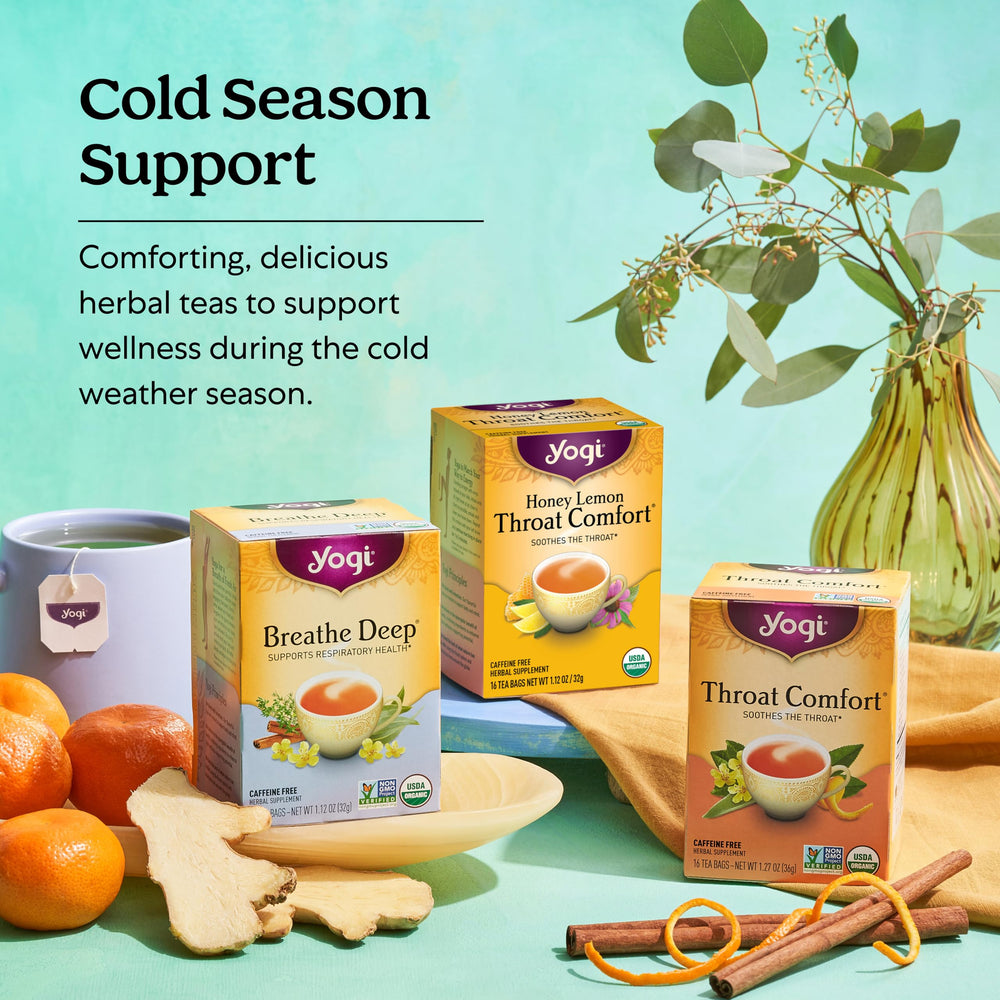 Yogi Breathe Deep tea organic label with vegan and non-GMO badges.