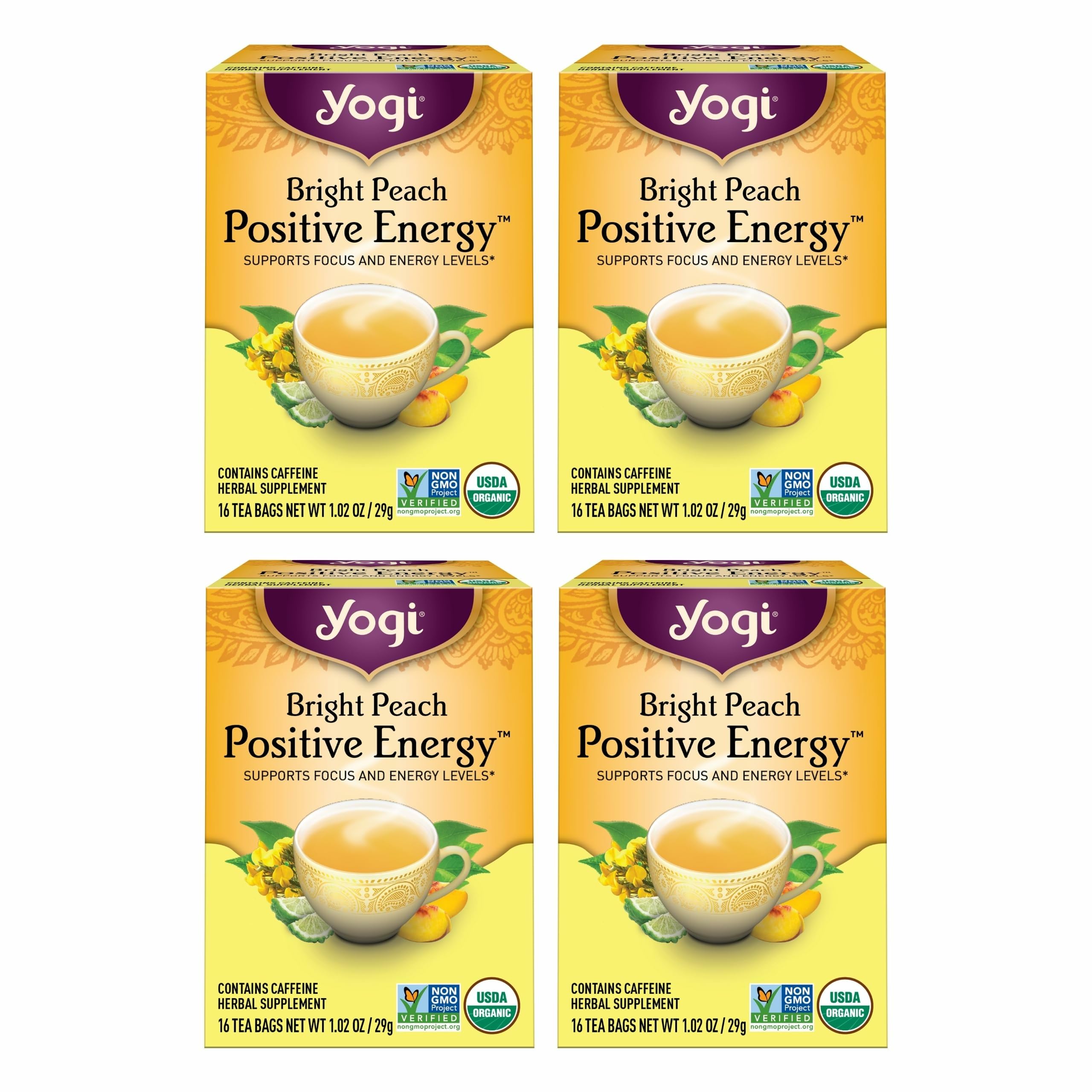 Yogi Bright Peach Tea bags ready to brew for a refreshing energy lift.