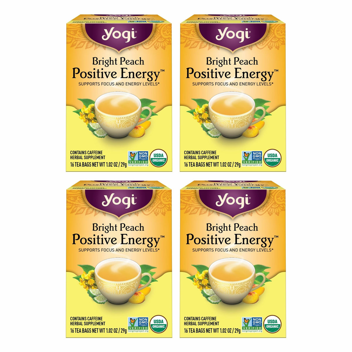 Yogi Bright Peach Tea bags ready to brew for a refreshing energy lift.