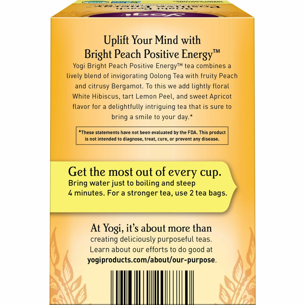 Yogi Bright Peach Tea ingredients showcase oolong, hibiscus, and citrus for a nuanced cup.