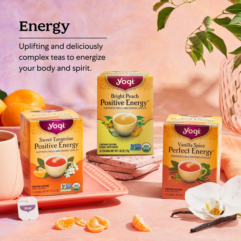 Yogi Bright Peach Tea packaging emphasizes organic, vegan, and NON-GMO attributes.