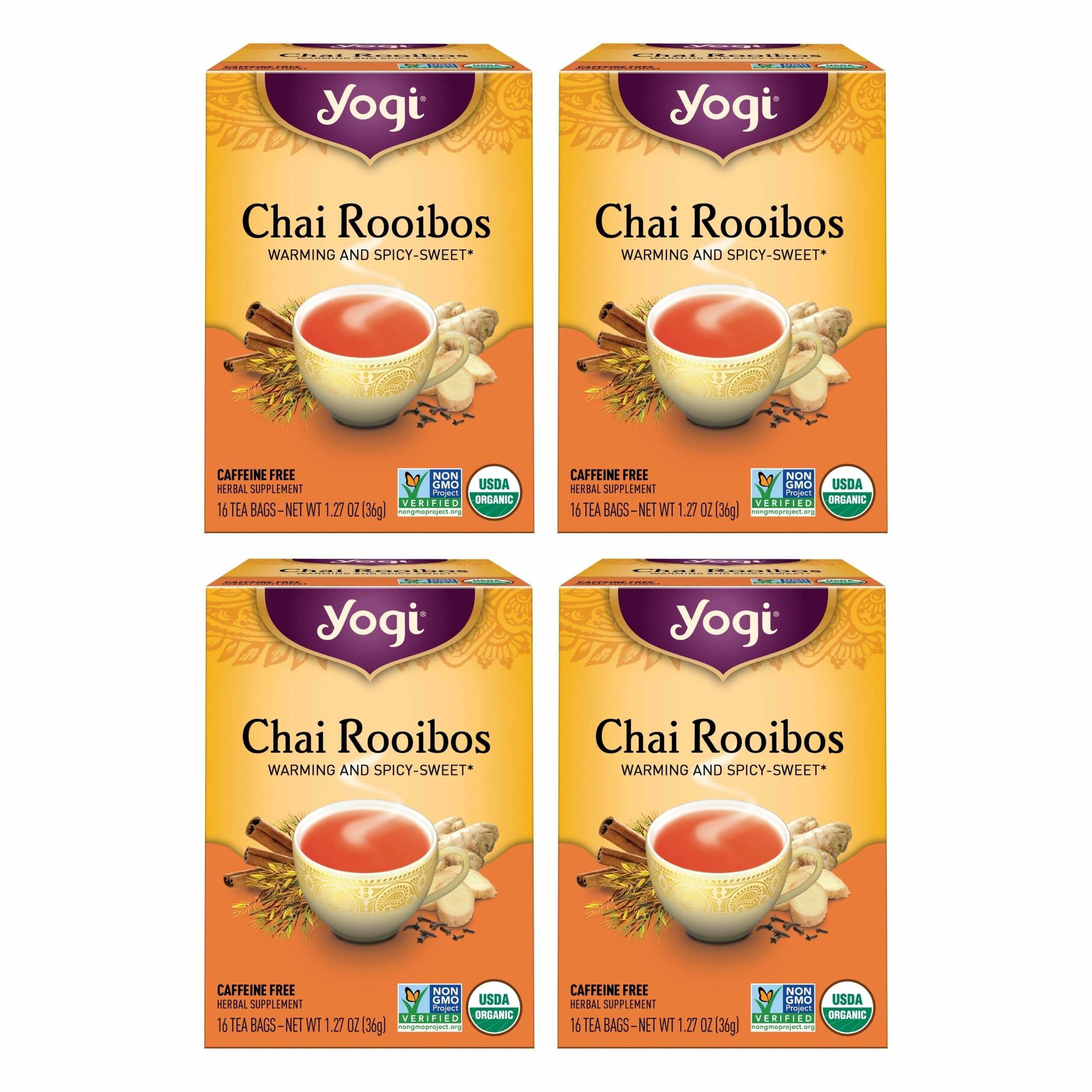 Yogi Chai Rooibos tea bags ready to brew for a caffeine-free evening.