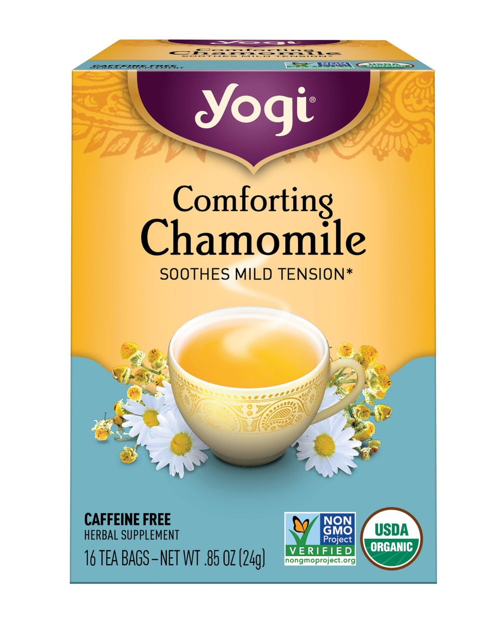 Yogi Chamomile tea cup ready for a calming ritual