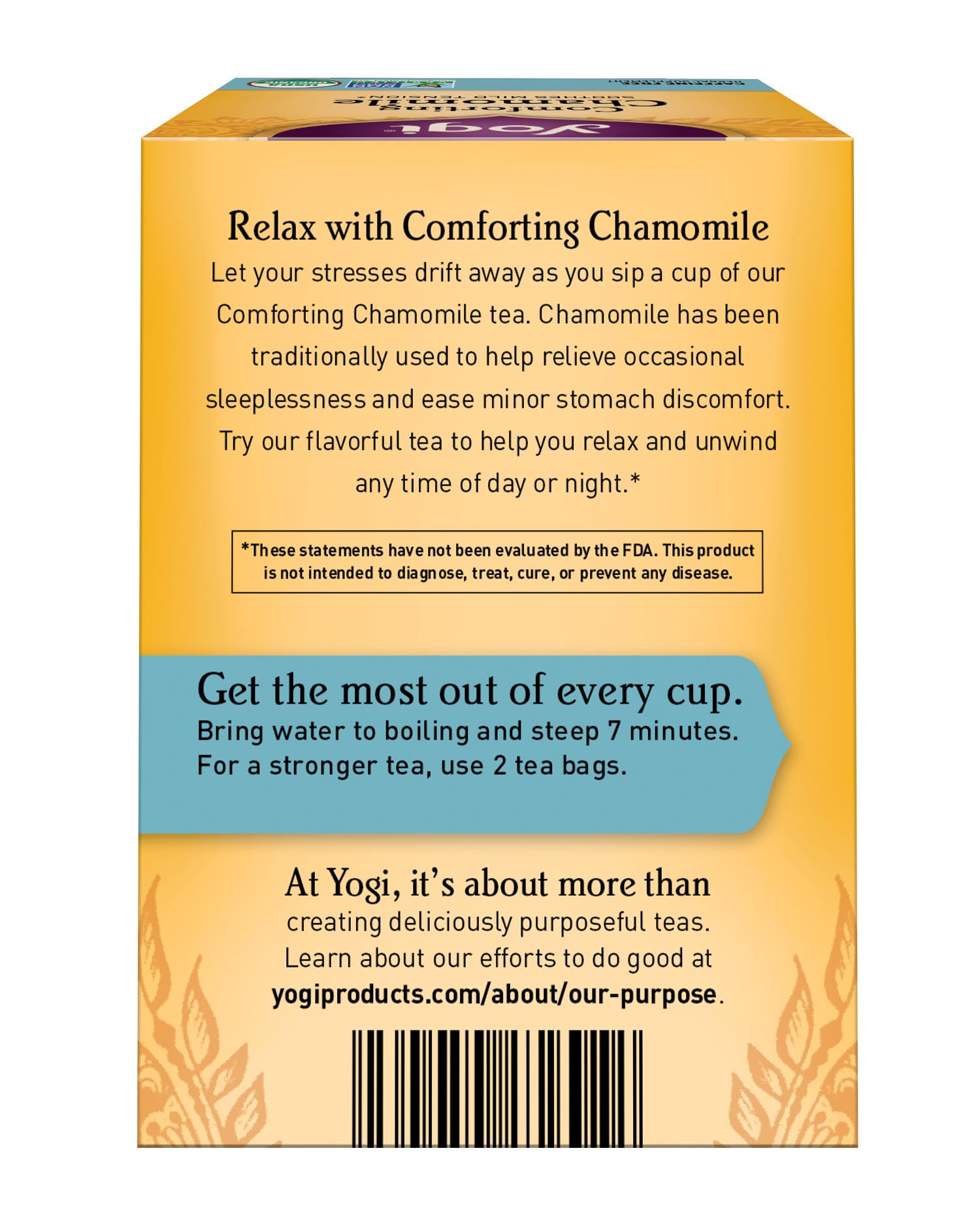 Yogi Chamomile packaging highlights organic, caffeine-free blend